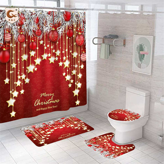 American Style Merry Christmas 4Pcs Shower Curtains Set High Quality Bathroom Shower Curtain Sets